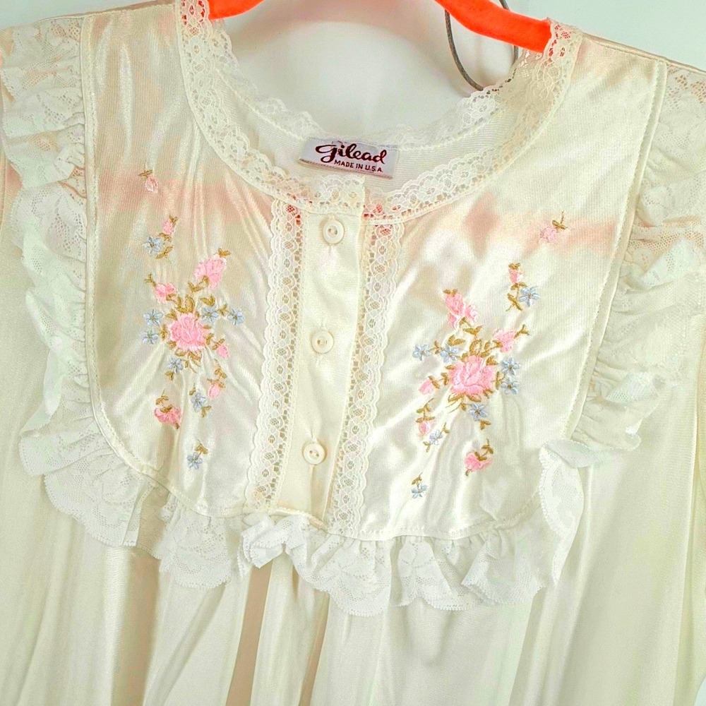 Gilead Vintage Nightgown Duster Set Small Long Sleve Lace Floral Embroidered USA - Picture 2 of 12